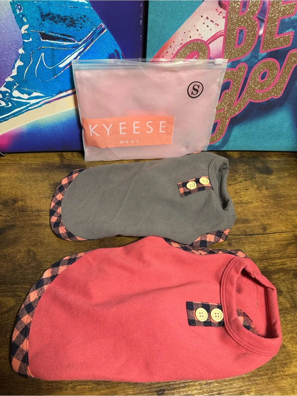 2pc KYEESE fleece dog sweaters featuring plaid trim and button details